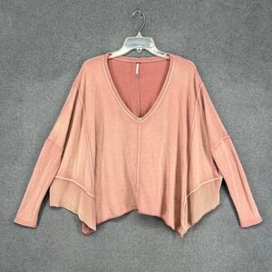 Free People V-Neck Pullover Womens XS‎ Pink Oversized Raw Hem Boho Sweatshirt